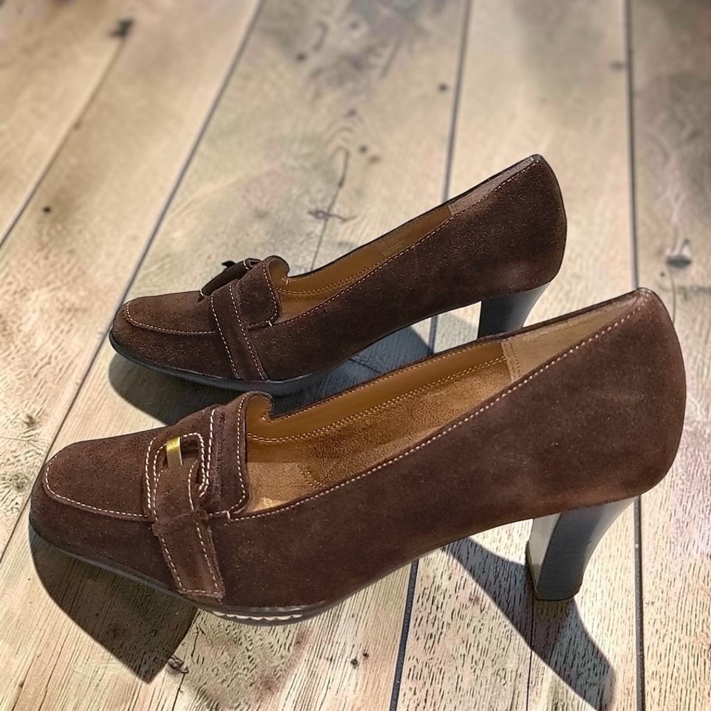 VTG Aerosoles Brown Suede Square Toe Buckle Pumps 8.5 B Womens Block Heel Y2K